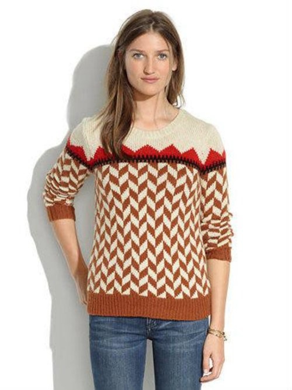 Madewell Wool Blend Fair Isle Chevron Sweater | Oatmeal Multi | Small